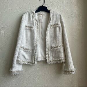 Boston Proper Ivory Tweed Blazer with Fringe